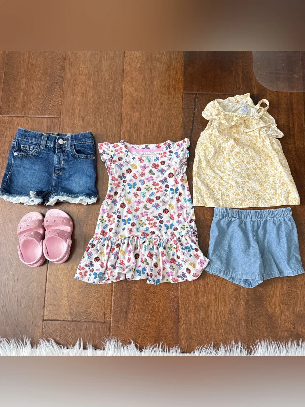 Carter's Pink Butterfly Print Ruffle Dress with Denim Shorts Set